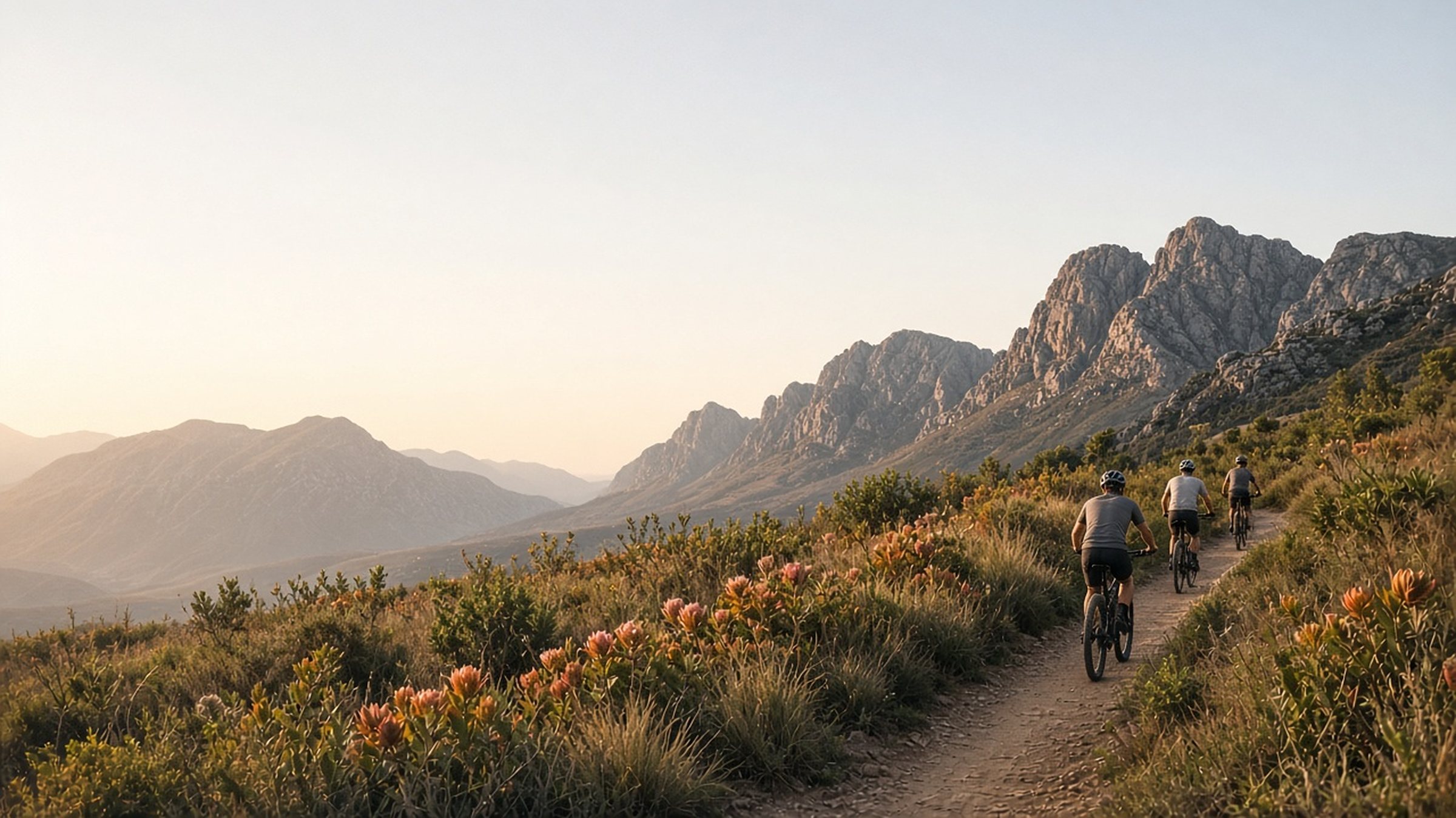 Mountain bikers on a singletrack through fynbos below rugged Cape mountains