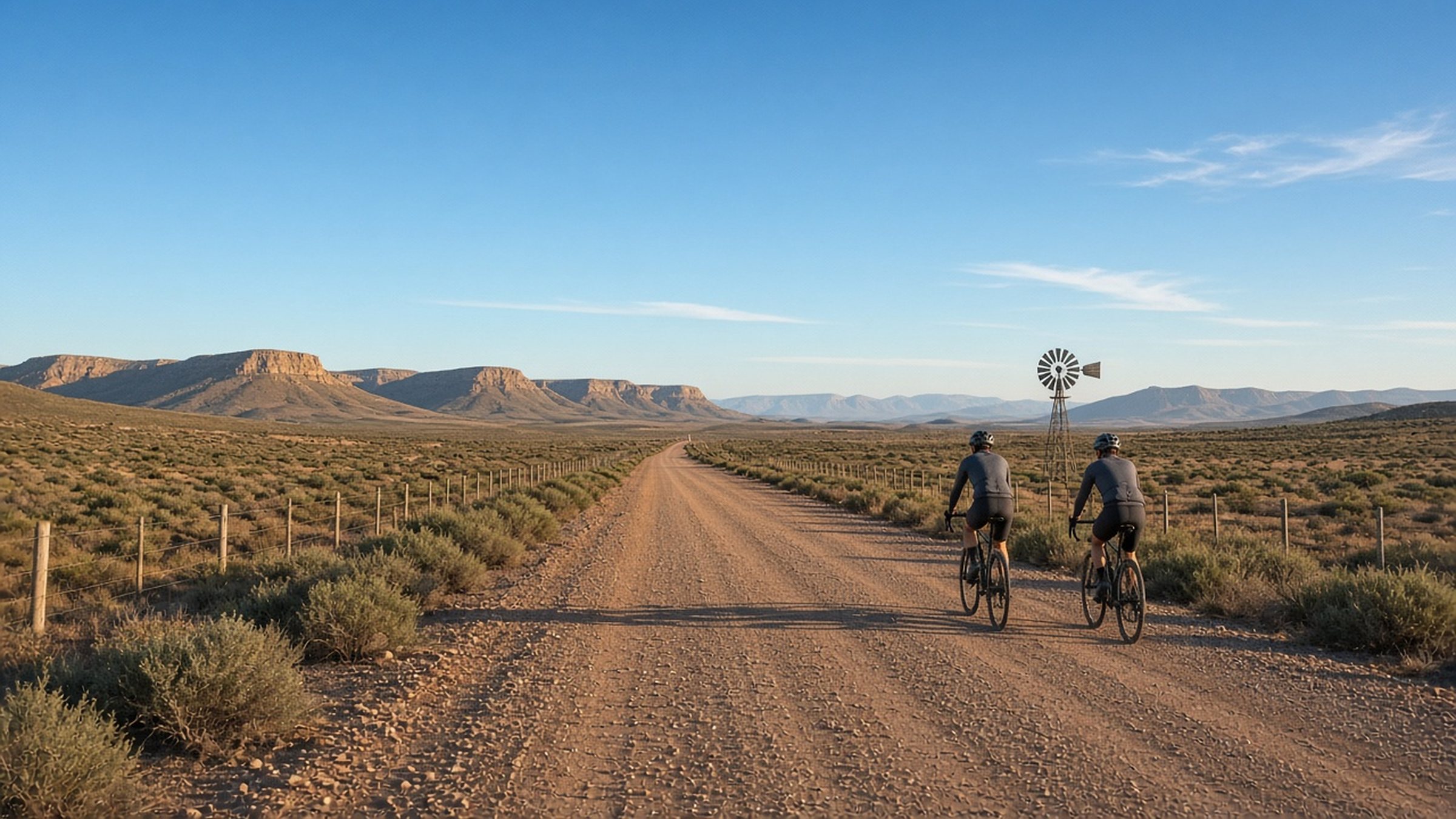 Two gravel cyclists riding a Karoo farm road past a windmill