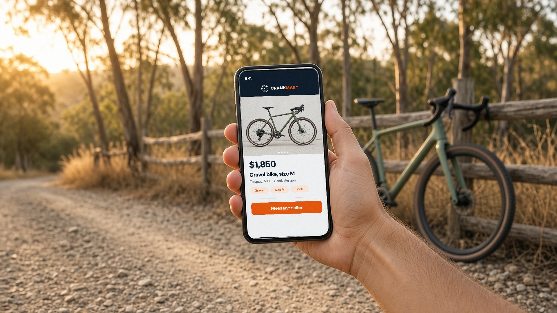 A hand holding a phone showing a CrankMart listing for a gravel bike, with a green gravel bike leaning on a timber fence among gum trees at sunset.