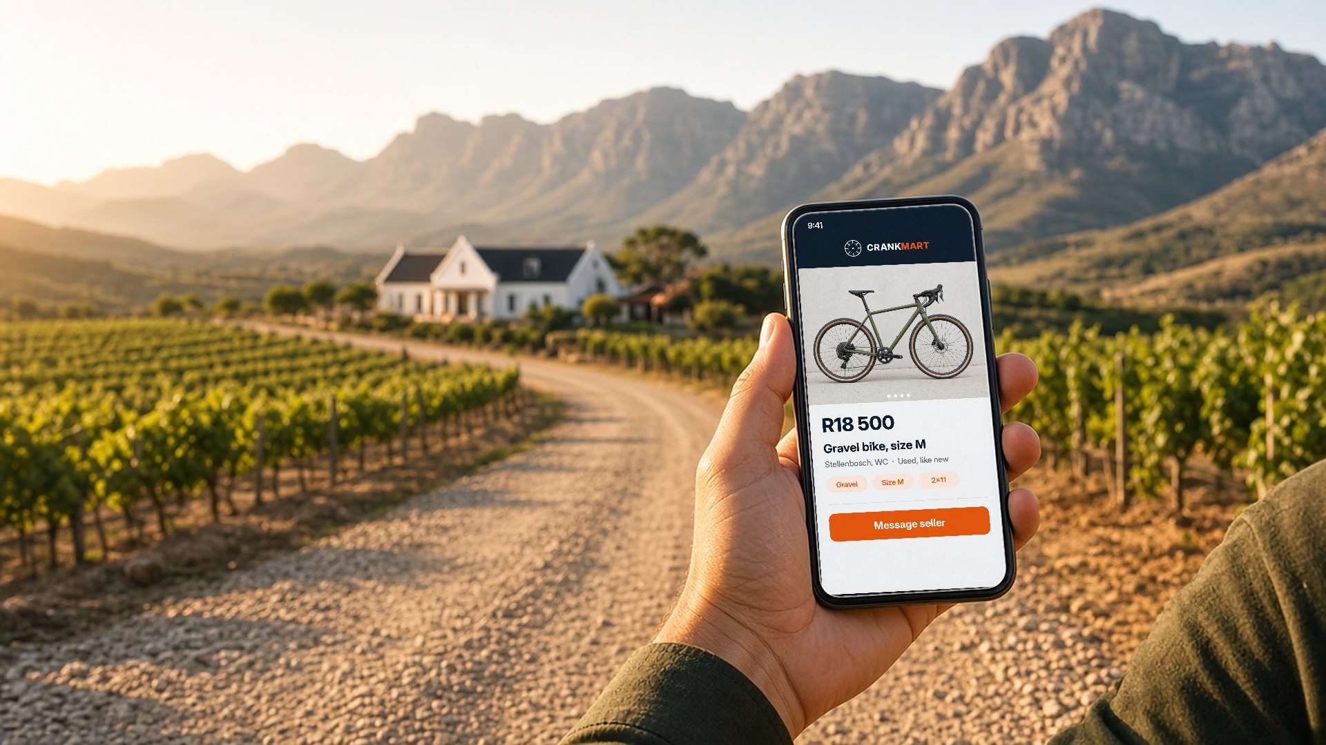 A hand holding a phone showing a CrankMart listing for a gravel bike, on a gravel farm road between vineyards with a white gabled farmhouse and mountains behind.